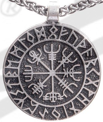 [P-5105-1] Vegvisir Anhänger silberfarben – Nordischer Kompass mit Runenring aus Zamak