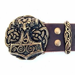 [10 Ke-Bu 4 MJ:.kl.br] Wikinger-Gürtel „Mjölnir“ – 4 cm breiter Ledergürtel mit Thorshammer-Schnalle (braun, S)
