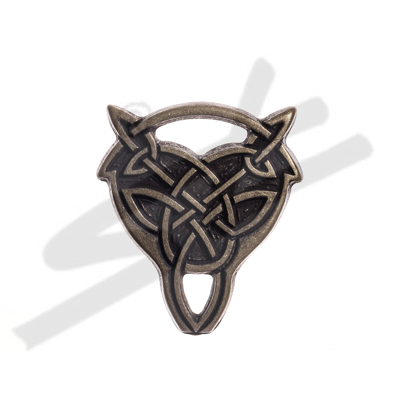 Keltischer Wolfskopf-Knoten messingfarben – Zierbeschlag oder Gürtelspitze für 4 cm Riemenbreite