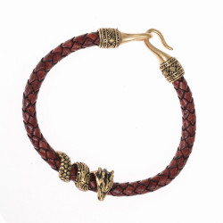 [07 Flecht 5 Drache.kl.br.si] Mittelalterliches geflochtenes Leder-Armband mit Drachen-Perle aus Bronze (braun / silber, klein)