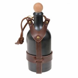[15 St-LARP FF.br.huef] Mittelalter-Feldflasche aus Steinzeug mit Leder-Halfter - 0,5 l (braun, hüfttrageweise)