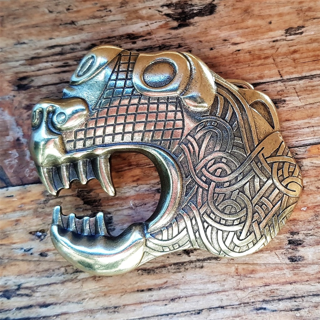 OSEBERG-DRACHE, 4cm, messingfarbene Mittelalter-Schließe, Schnalle