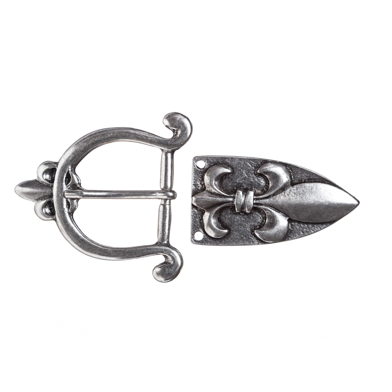 PORTOS-SET, 3cm, silberfarbene Lilien-Schließe mit Gürtelspitze,Mittelalter,Fleur de Lys