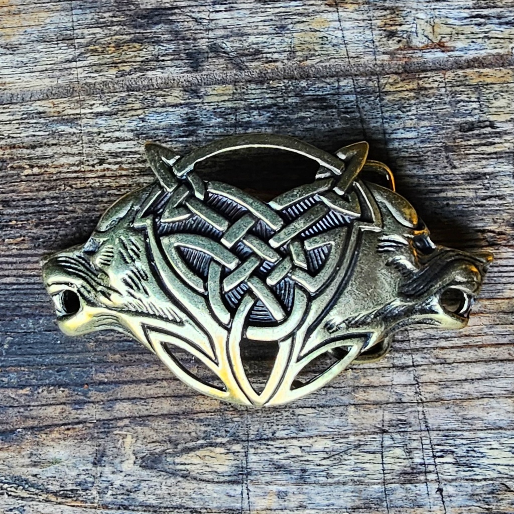 Celtic Wolves -Schließe messingfarben 4cm, Mittelalter,Wölfe,Wikinger,