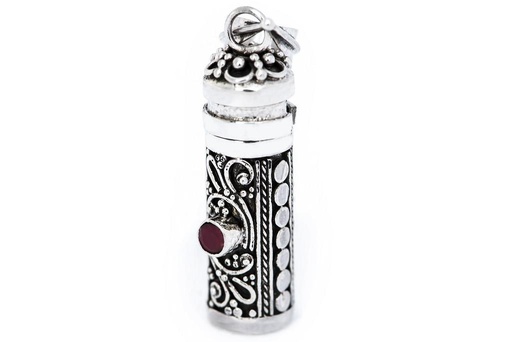[Am152-2] Schmuckstück  Parfüm-Fläschchen Anhänger ALYA 3.8 cm Medaillon mit Granatstein & Fach Handarbeit Silber 0.8 cm