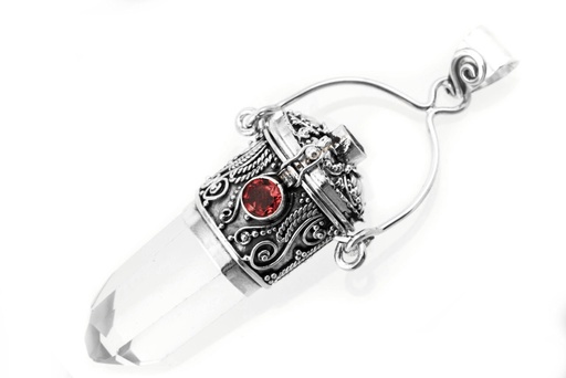 [as41] Amulett Laurin mit Bergkristall und Granat aus Silber 925 – Boho Anhänger 6,6 cm