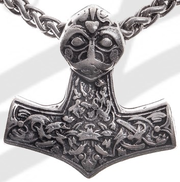 [P-5118-1] Thor-Hammer Anhänger silberfarben – Beidseitig verzierter Mjölnir mit Tierornamentik aus Zamak
