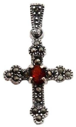[ak22] Mittelalter Kreuz-Anhänger LÁRA aus 925er Silber – Kleines gotisches Kreuz mit rotem Kristall (3,2 cm)