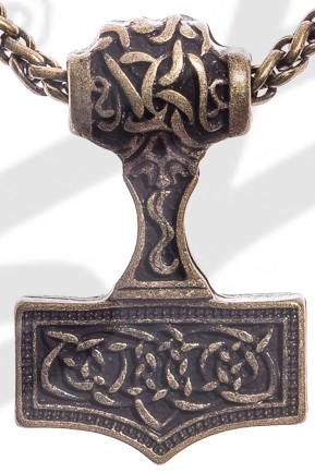 [P-5119-21] Thor-Hammer Anhänger altmessingfarben – Beidseitig verziertes Mjölnir-Amulett aus Zamak