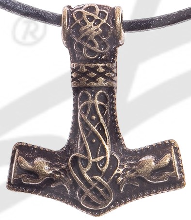 [P-5121-21] Kleiner Thor-Hammer Anhänger altmessingfarben – Mjölnir mit keltischen Verzierungen aus Zamak