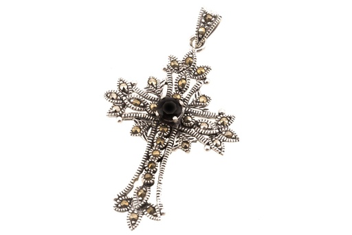 [Ak37-2] Mittelalter Kreuz, Anhänger 'Kreuz mit schwarzem Stein' aus Silber 925 - Mittelalter, Larp, Reenactment Schmuck