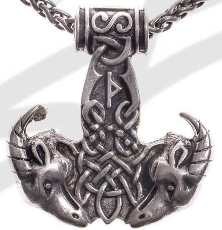Anhänger Thor-Hammer mit Ziegenköpfen , silberfarben