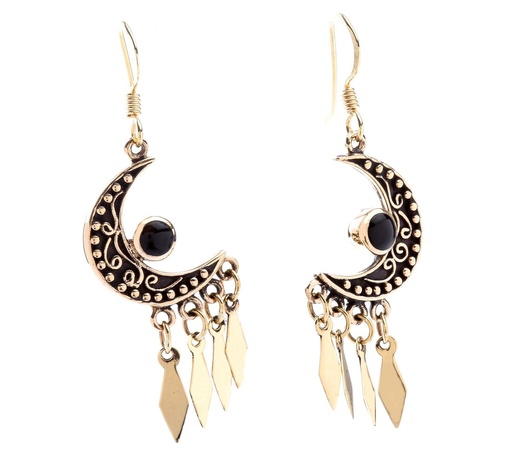 [ohb586] Ohrhänger „Ina – Mondsichel mit Onyx“ aus Bronze – Fantasy Schmuck 4,8 cm