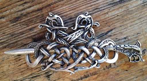 [A-677-1] Haarspange Keltische Schlangen – Silberfarbener Haarschmuck mit Drachenkopf-Nadel 70 mm