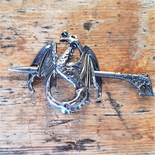 [A-679-3] Haarspange Wyvern Nordischer Drache – Eisenfarbener Haarschmuck mit Drachenkopf-Nadel 55 mm