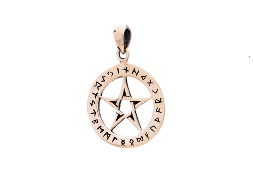 [amb72] Schmuckstück  Kelten Schmuck Anhänger ASKA Ø 2.4 cm Futhark Runen Pentagramm Schutz Amulett Bronze 3.4 cm