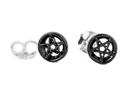 [ost107] Ohrstecker NOCTUS aus 925er Silber 6 mm – Schwarzes Pentagramm Gothic Schmuck