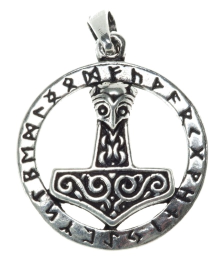 [at49] Ring  Vikings Schmuck Anhänger MJÖLNAR Ø 2.6 cm Thorshammer mit Runen Glücksbringer Silber 3.5 cm