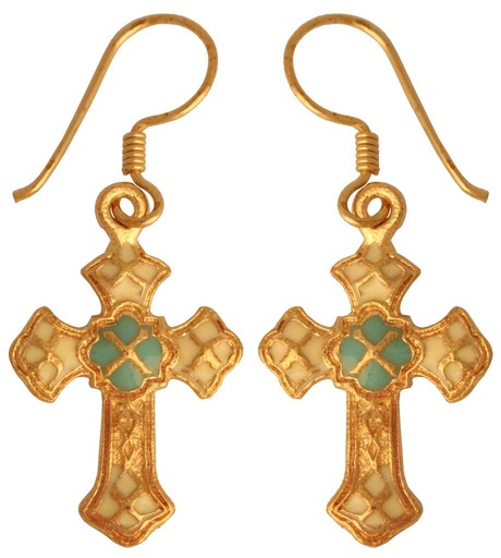 [ohb582-3] Schmuckstück  Ohrhänger Kreuze IDUNA Mittelalter weiß/blau Bronze 3.9 cm