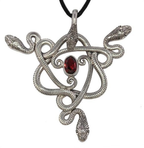 [As20-2] Schmuck Anhänger Trisula mit Granat 5,7 cm – Silber 925 – Mystisches Amulett der Transformation