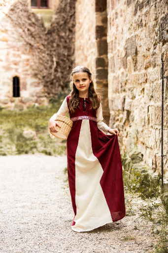 [4040rn] Mädchenkleid "Piccola Donna" in Rot-Natur Eleganz für junge Mittelalterliebhaberinnen