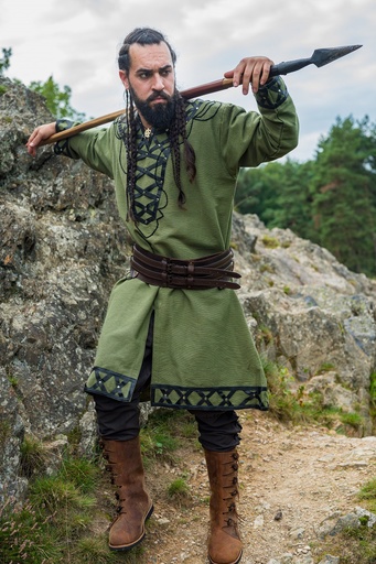 Wikingertunika Erik Grün mit Lederapplikation und Nieten Wikinger
