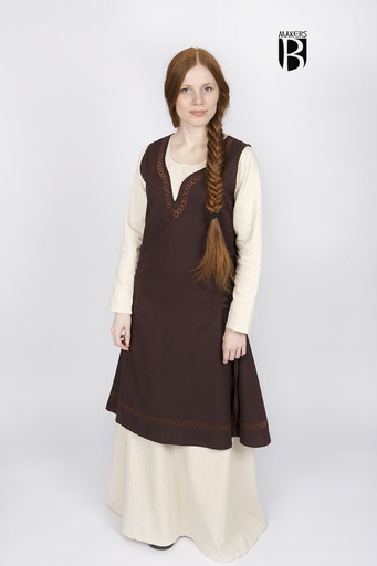 [030205FN34] Mittelalterliches Kleid Lannion in Braun – Ärmelloses Überkleid aus Baumwolle mit Stickereien 