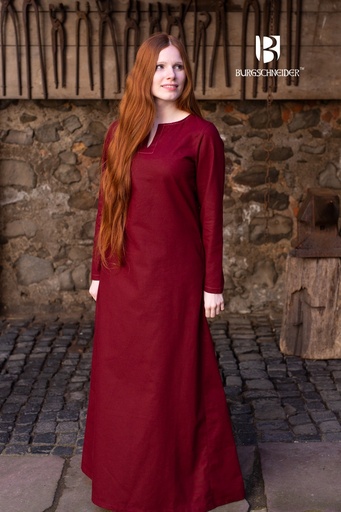 Knöchellanges Unterkleid Feme burgunder-rot - Mittelalter Baumwolle mit Zierstichen & geschlitztem Ausschnitt