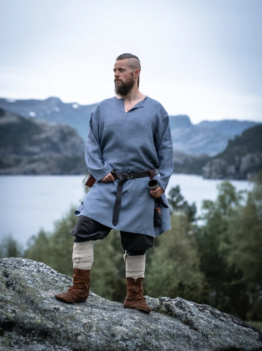 [1097blgr] Lange Tunika Halvar Blaugrau - 100% Leinen