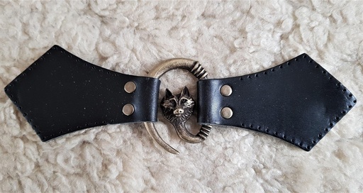 [VL-287-21] Wolfskopf Mantel-Verschluß, altmessing mit Befestigungsleder