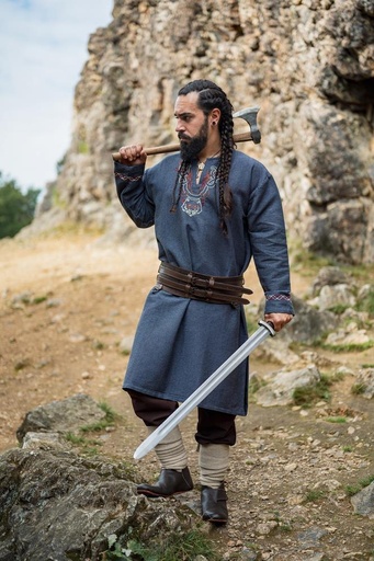 Wikingertunika "Freki" mit Handstickerei Blaugrau Gewand für Mittelalter, Larp und Reenactment