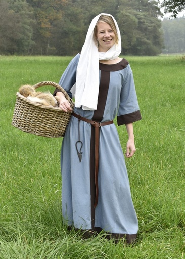 Mittelalterkleid "Gudrun" blaugrau/braun  mit Besatz für Mittelalter & Larp