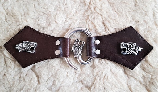 [VLN-110-1] Drachenkopf-Verschluss+ in Silberoptik – Mit Lederlaschen & Ziernieten für Umhang & Mantel 