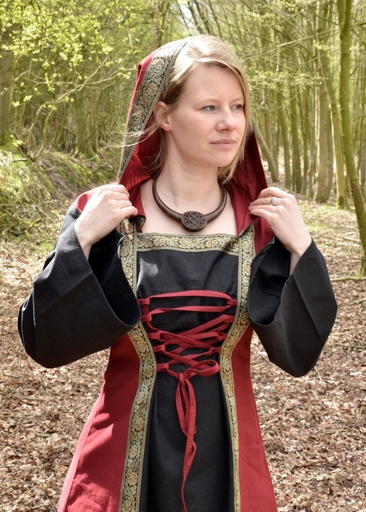 [1280010100] Mittelalterkleid Eleanor mit Kapuze, rot/schwarz Mittelalter Gewandung für Markt und LARP