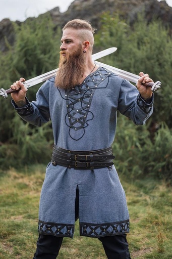 Wikingertunika Erik Blaugrau mit Lederapplikation und Nieten Wikinger
