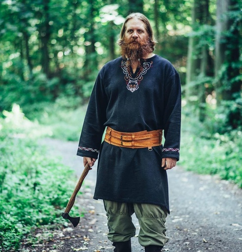 Wikingertunika "Freki" mit Handstickerei Schwarz - Gewand für Mittelalter, Larp und Reenactment