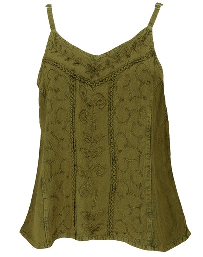 [35223] Besticktes Trägertop olivgrün ton-in-ton - Indischer Boho Chic