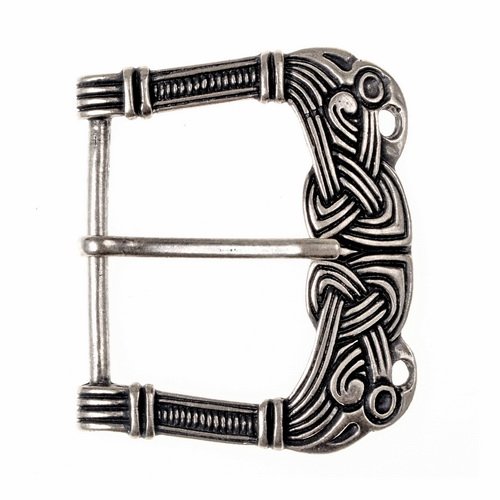 [09 Wi-S 45:D] Wikinger-Gürtelschnalle "Kloster Vaerne" - detailgetreue Replik in silber und messing, 6,5 x 5,4 cm