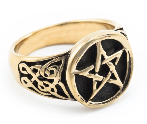 [rb532] Siegelring ASVAR aus Bronze – 12 mm Wunschring mit Pentagramm und keltischen Knoten
