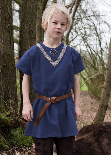Kinder Kurzarm-Tunika Ailrik blau mit Bordüre Baumwolle - Gewand für Mittelalter, Larp und Reenactment